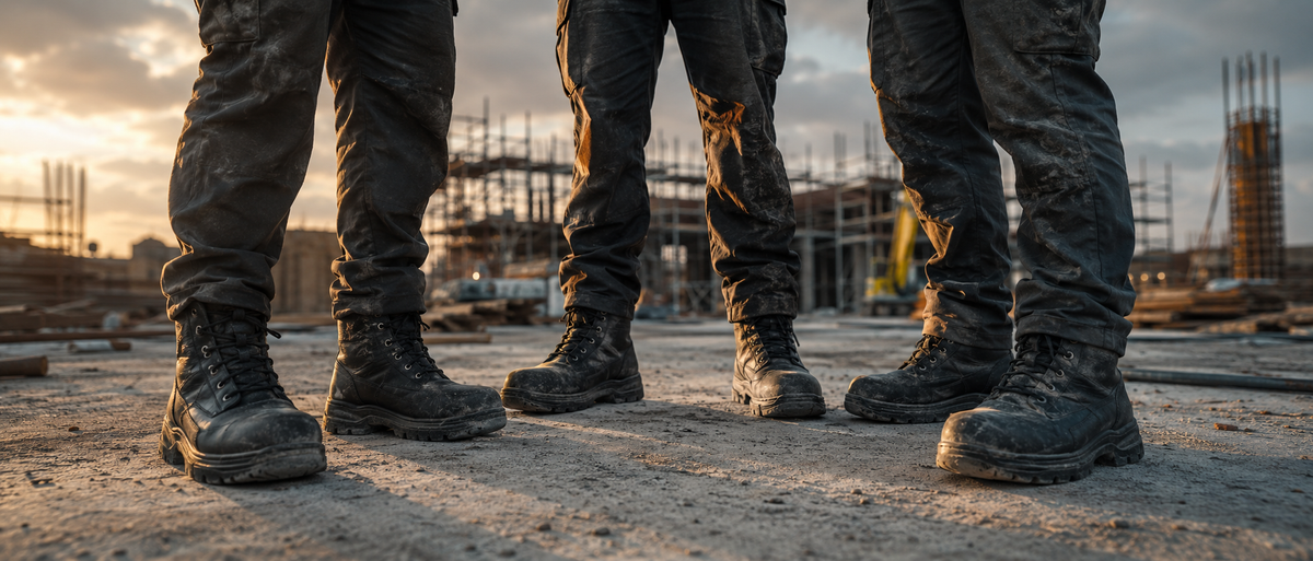 Construction workers in YAHYA safety boots on site at dawn