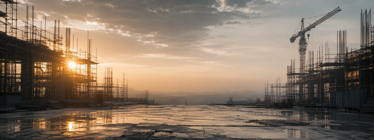 Empty site at dawn with wet concrete and scaffolding